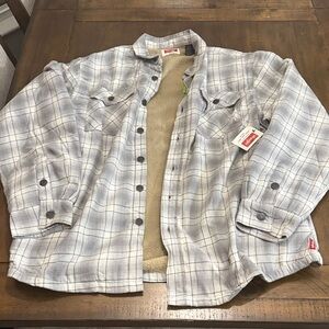 Wrangler Gray and White Plaid Sherpa Lined Button Up Shirt Jacket